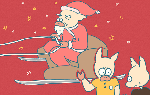 サンタクロースも運転してるから大丈夫!と言い張るトン十郎のイラスト