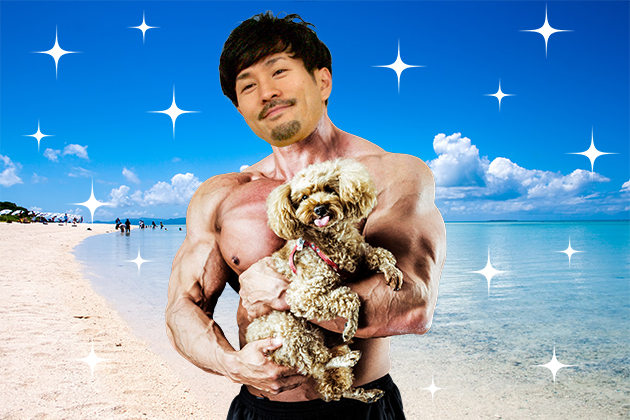 海を楽しむマッチョなトン太の写真
