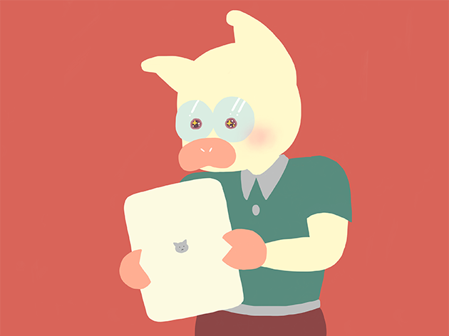タブレットを持って嬉しそうなトン十郎のイラスト