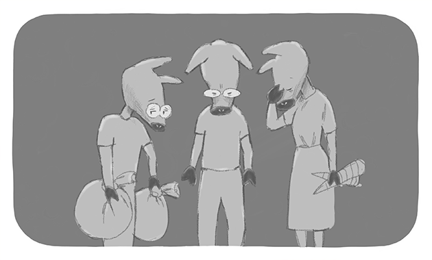 しわしわになった三人のイラスト