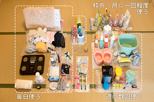 毎日使うモノ、週に数回使うモノ、月1回程度使うモノでグルーピングした写真