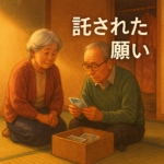 遺品整理の場面。高齢の男性が写真を手にし、そばで女性の友人が静かに寄り添って見守っている