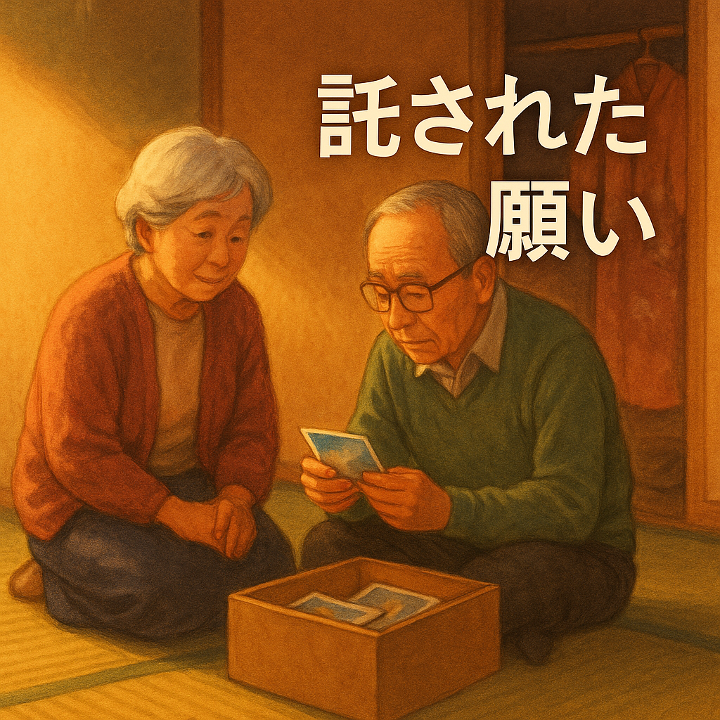 遺品整理の場面。高齢の男性が写真を手にし、そばで女性の友人が静かに寄り添って見守っている