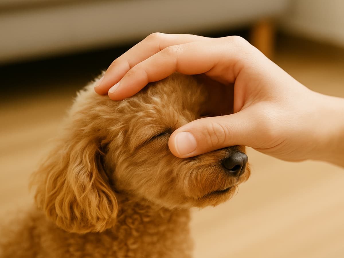 犬の顔を撫でている画像