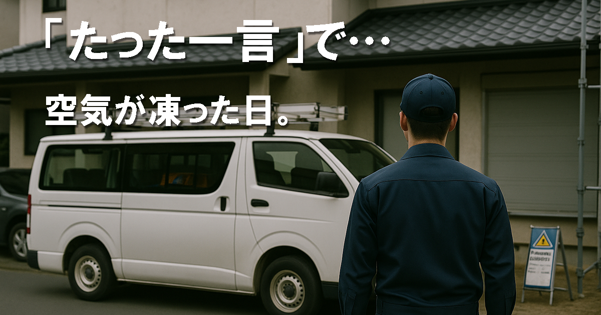 工事車両が駐車スペースを塞いでいる家の前で、作業着姿の男性が立ち尽くしている様子