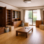 実家片付けに伴う不用品回収前の大型家具が並ぶ室内イメージ（生成画像）