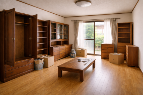 実家片付けに伴う不用品回収前の大型家具が並ぶ室内イメージ（生成画像）