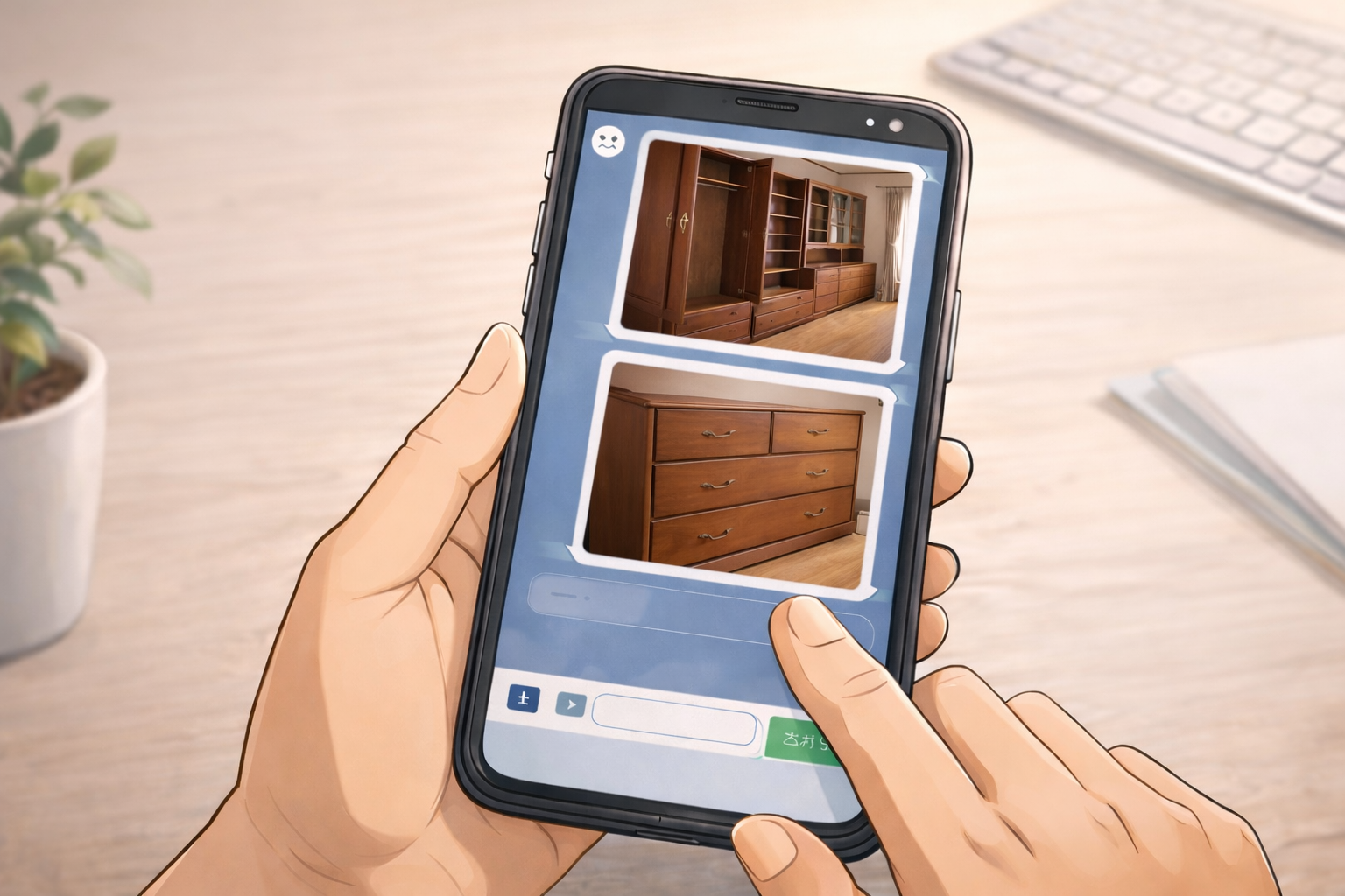 LINEで実家のタンスや棚など大型家具の写真を送って不用品回収の相談をしているイメージイラスト