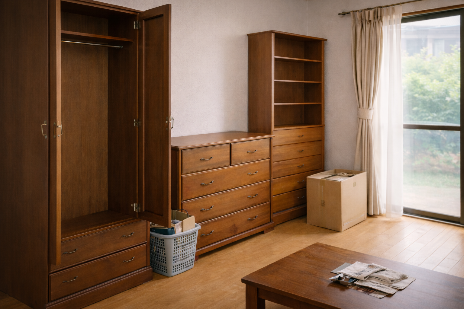 実家の室内に並ぶタンスや棚など処分予定の大型家具がまとまって置かれている様子のイメージ画像