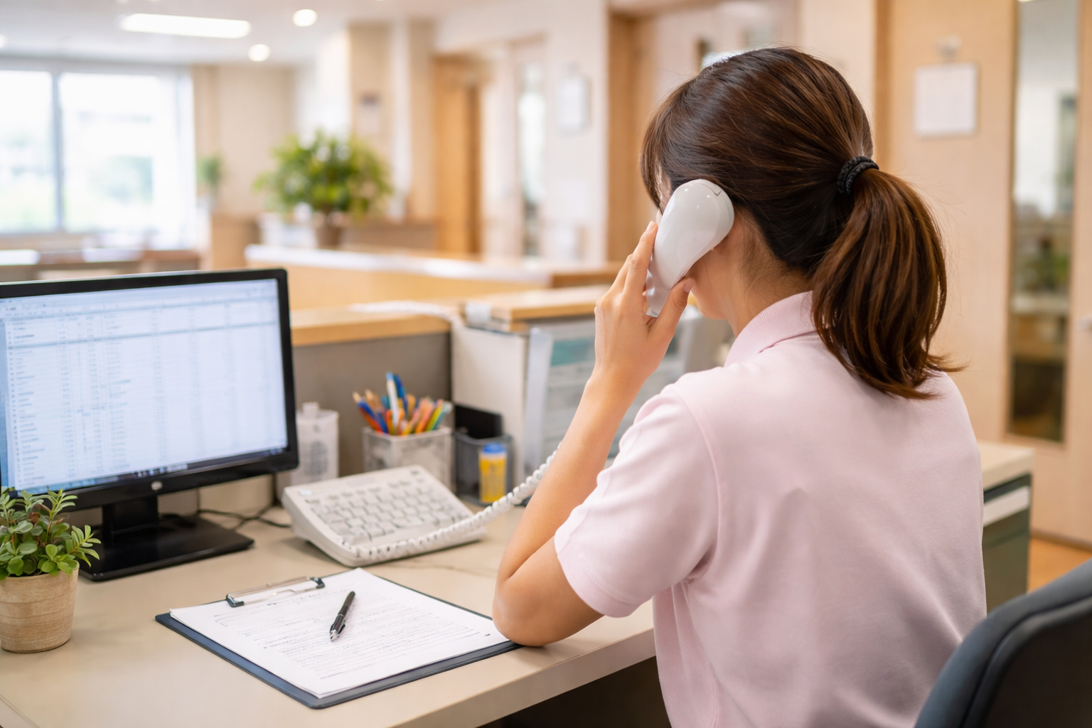 施設のスタッフが電話でご家族と連絡を取り、片付けの相談対応をしている様子（後ろ姿）