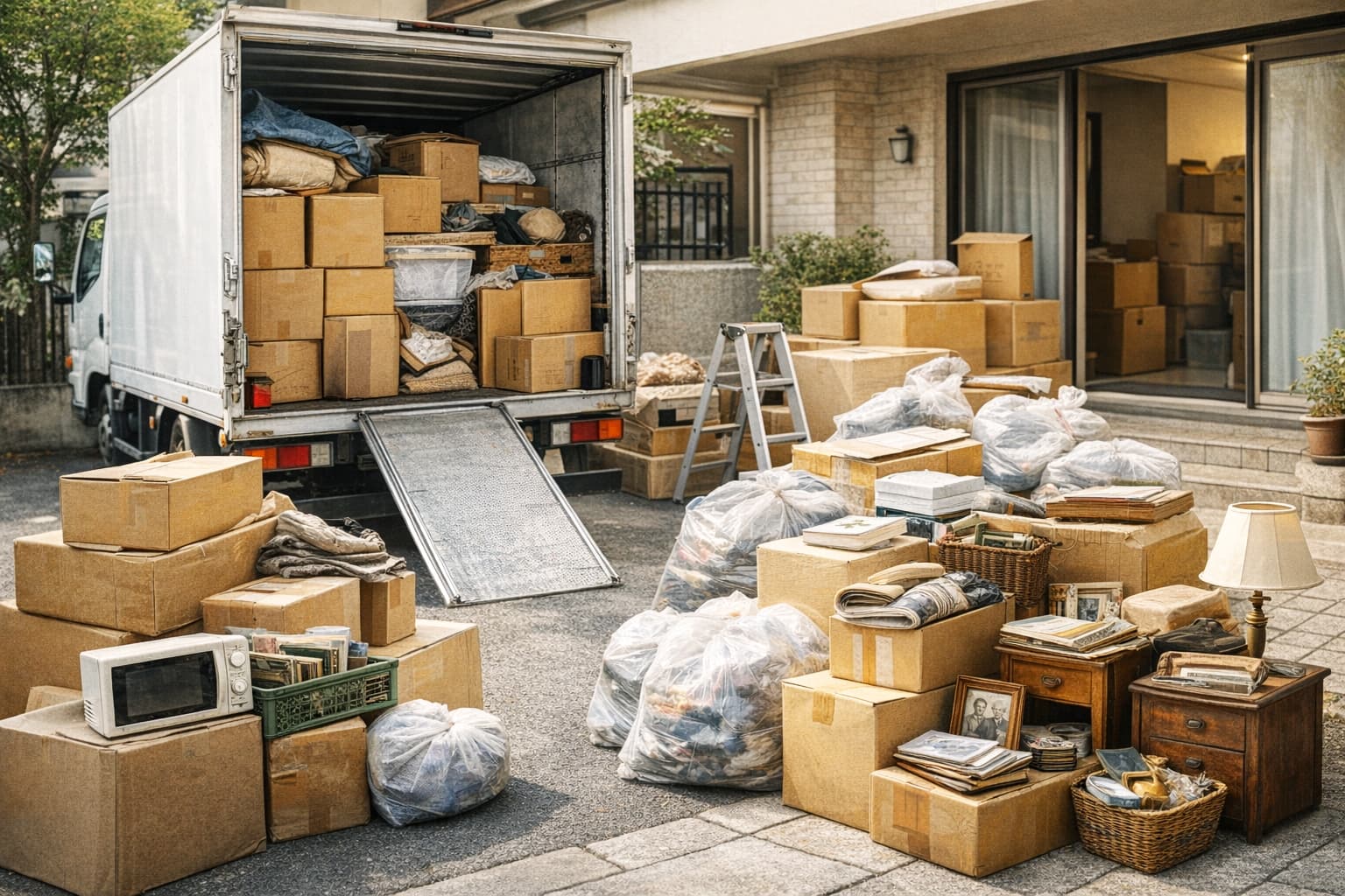 戸建て住宅でトラックに荷物を積み込む遺品整理作業の様子と大量の段ボールや家具