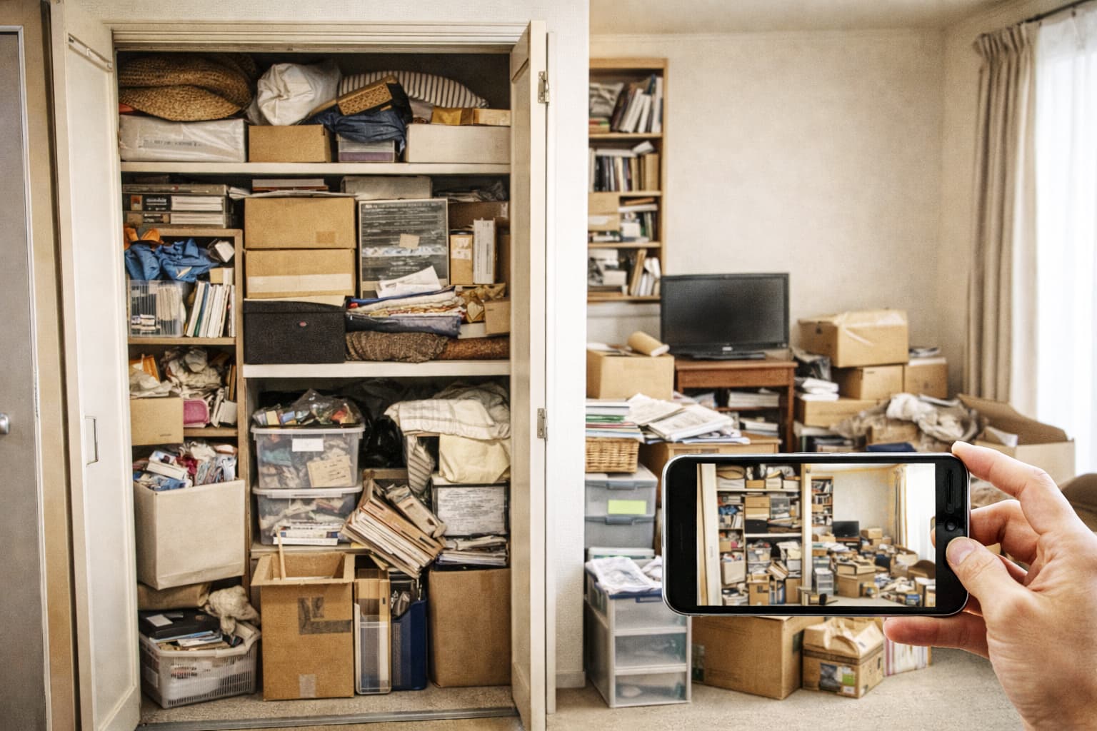 遺品整理前にクローゼット内の物量をスマホで撮影して把握する様子