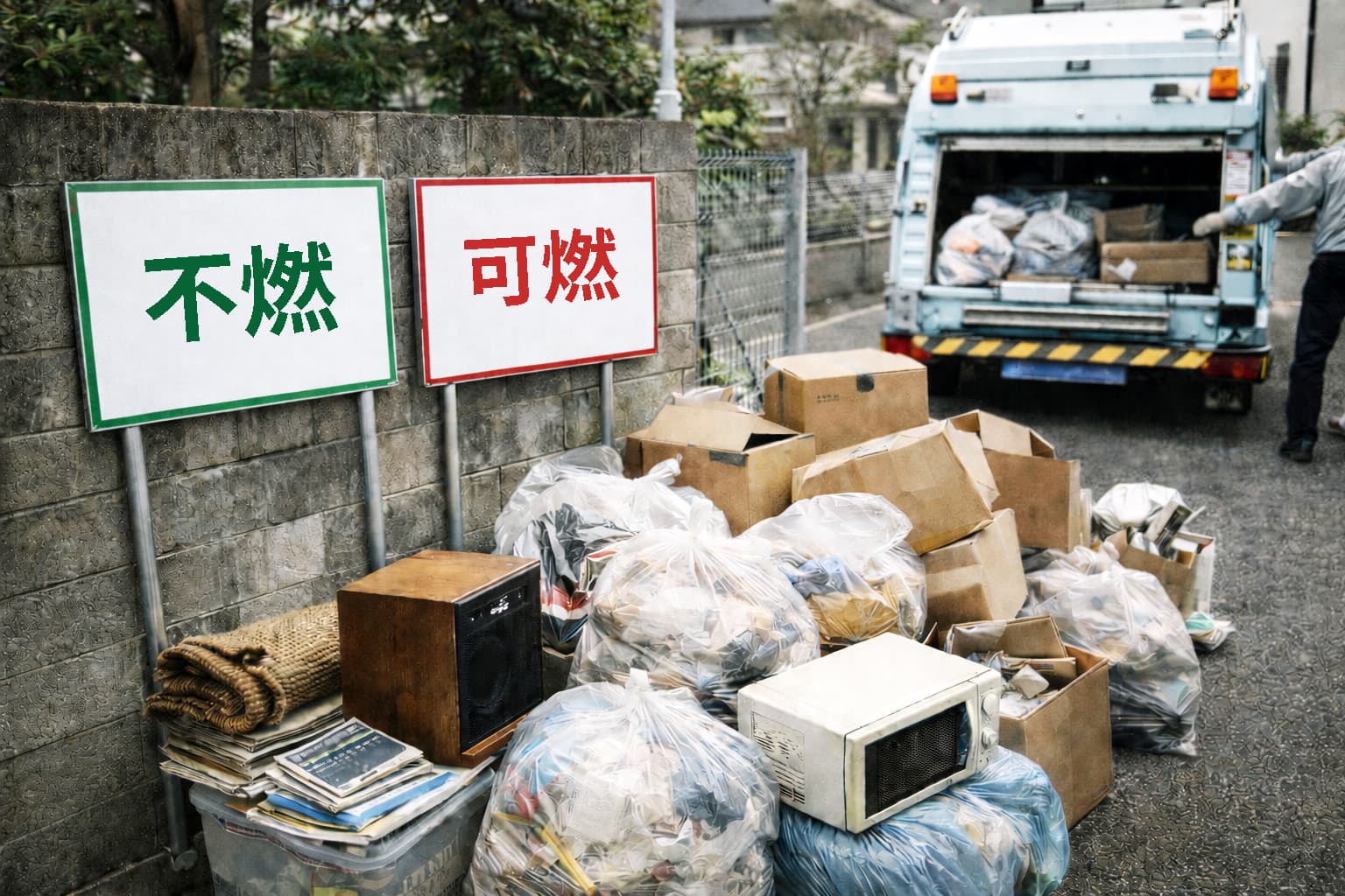 不燃ごみと可燃ごみの分別看板があるごみ集積所で回収を待つ大量の廃棄物の様子