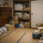 押入れに布団や段ボールが収納され、タンスや荷物が並ぶ実家2階の和室の片付け前の様子