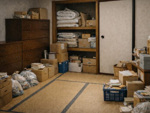 押入れに布団や段ボールが収納され、タンスや荷物が並ぶ実家2階の和室の片付け前の様子