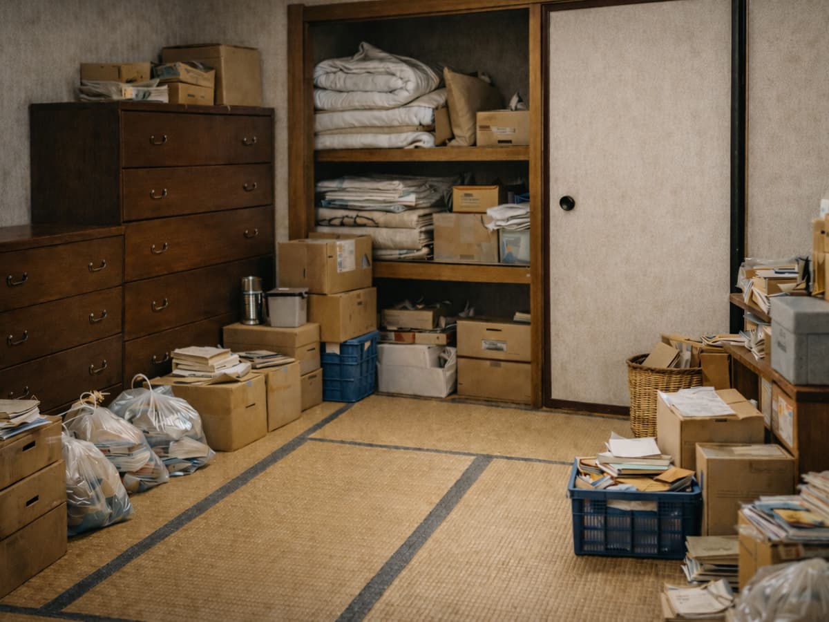 押入れに布団や段ボールが収納され、タンスや荷物が並ぶ実家2階の和室の片付け前の様子