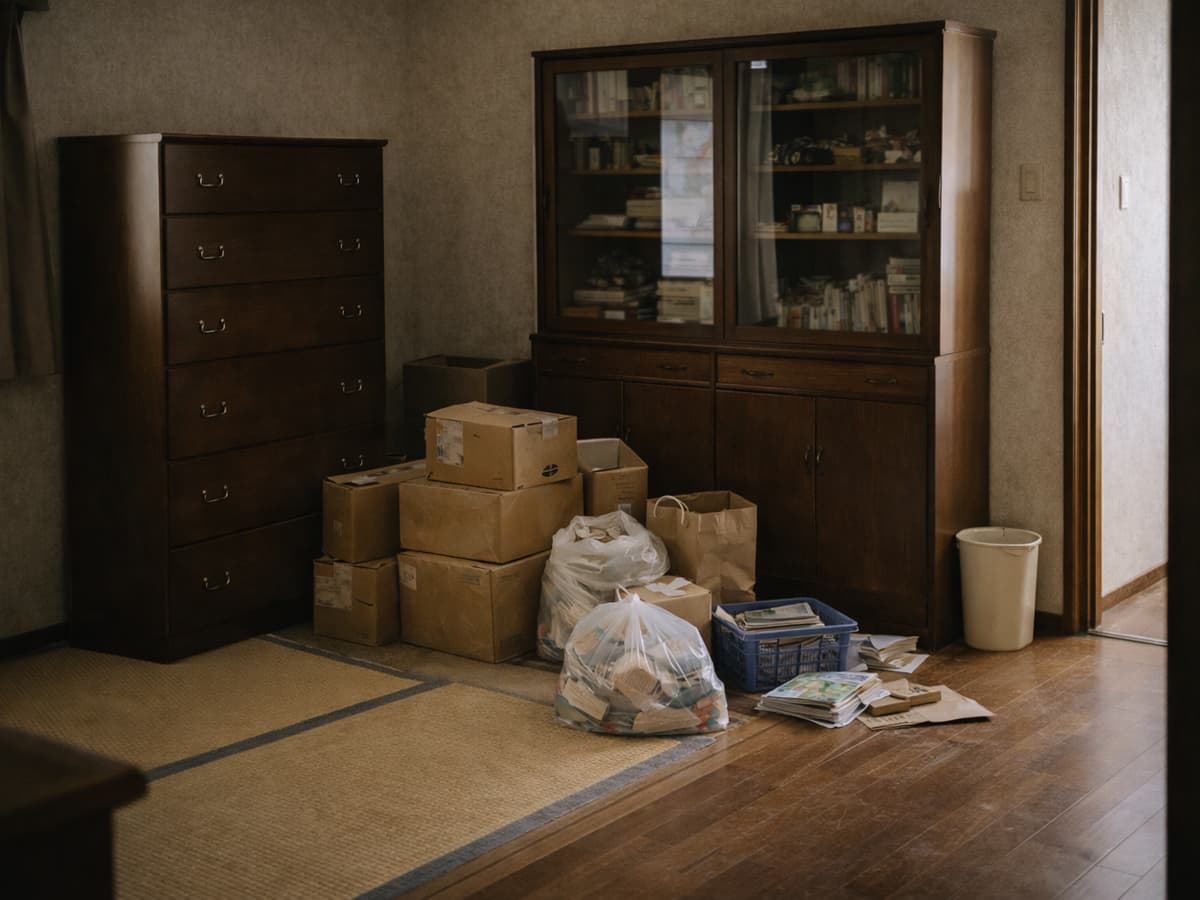 不用品を仕分けした段ボールや袋が並ぶ、実家の和室と洋室の境目の片付け途中の様子