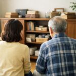 実家のリビングで親と子が並んで座っている後ろ姿