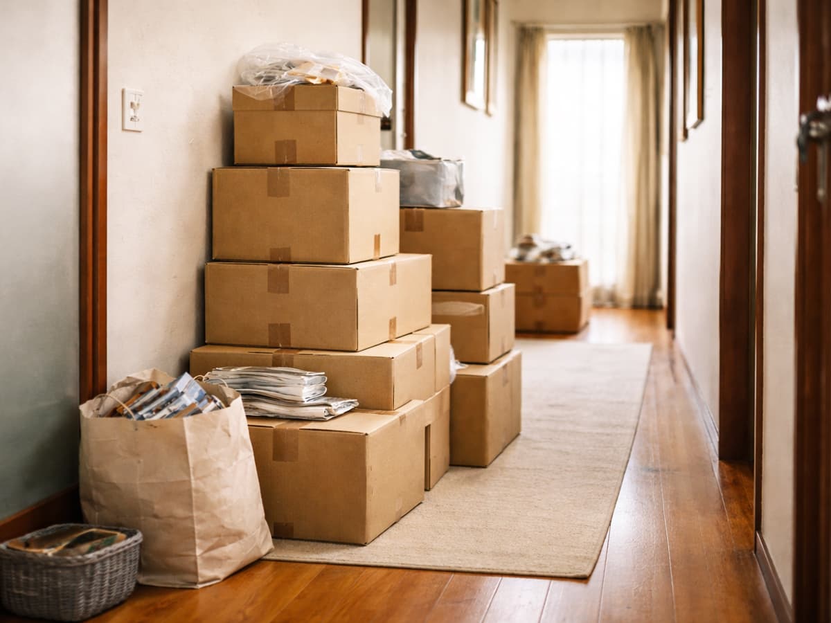 実家の廊下にダンボール箱が積み重なり、通りにくくなっている様子