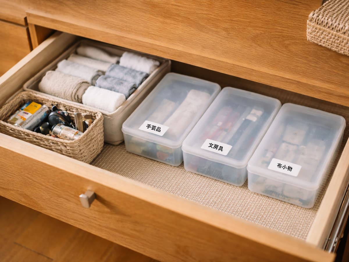 引き出しの中がケースで整理され、日用品や小物が見やすく収納されている様子