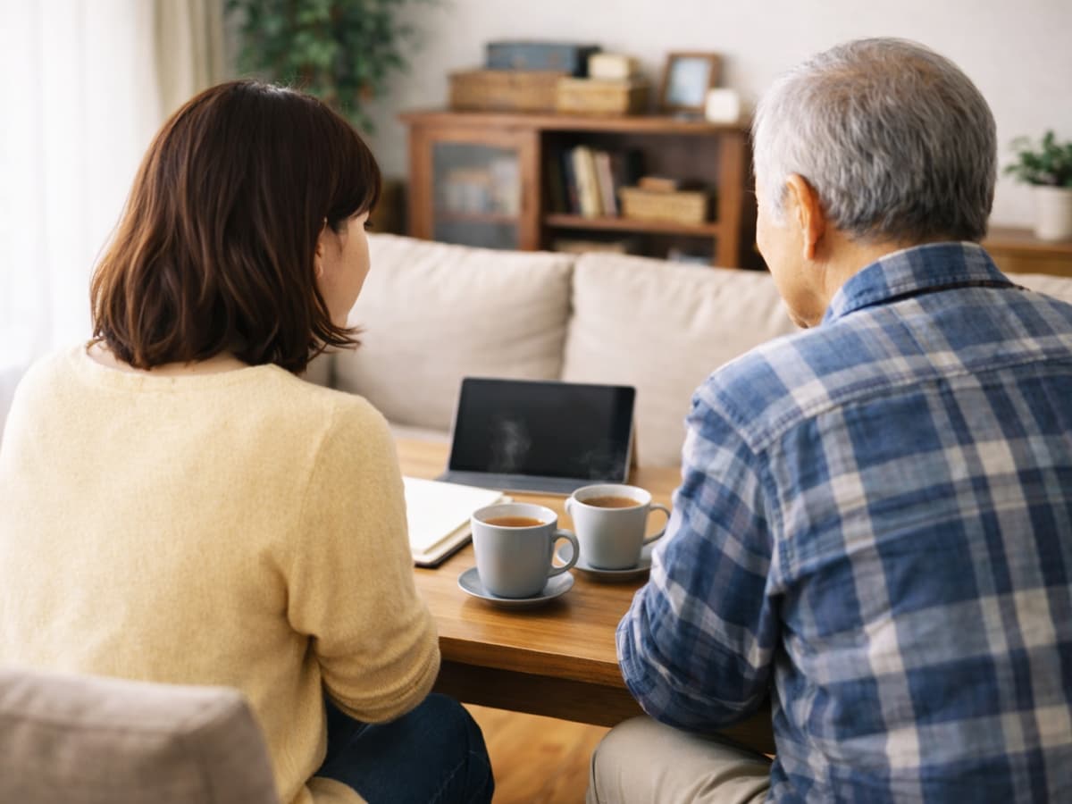 実家の片付けについて、親子がリビングでコーヒーを飲みながら相談している様子（後ろ姿）
