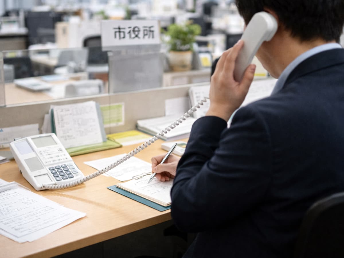 市役所の担当者が電話で相談内容を確認している様子