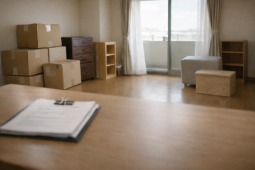 実家の片付けを任され、不用品回収前に家具や荷物を整理した引越し前の室内の様子（豊明市）