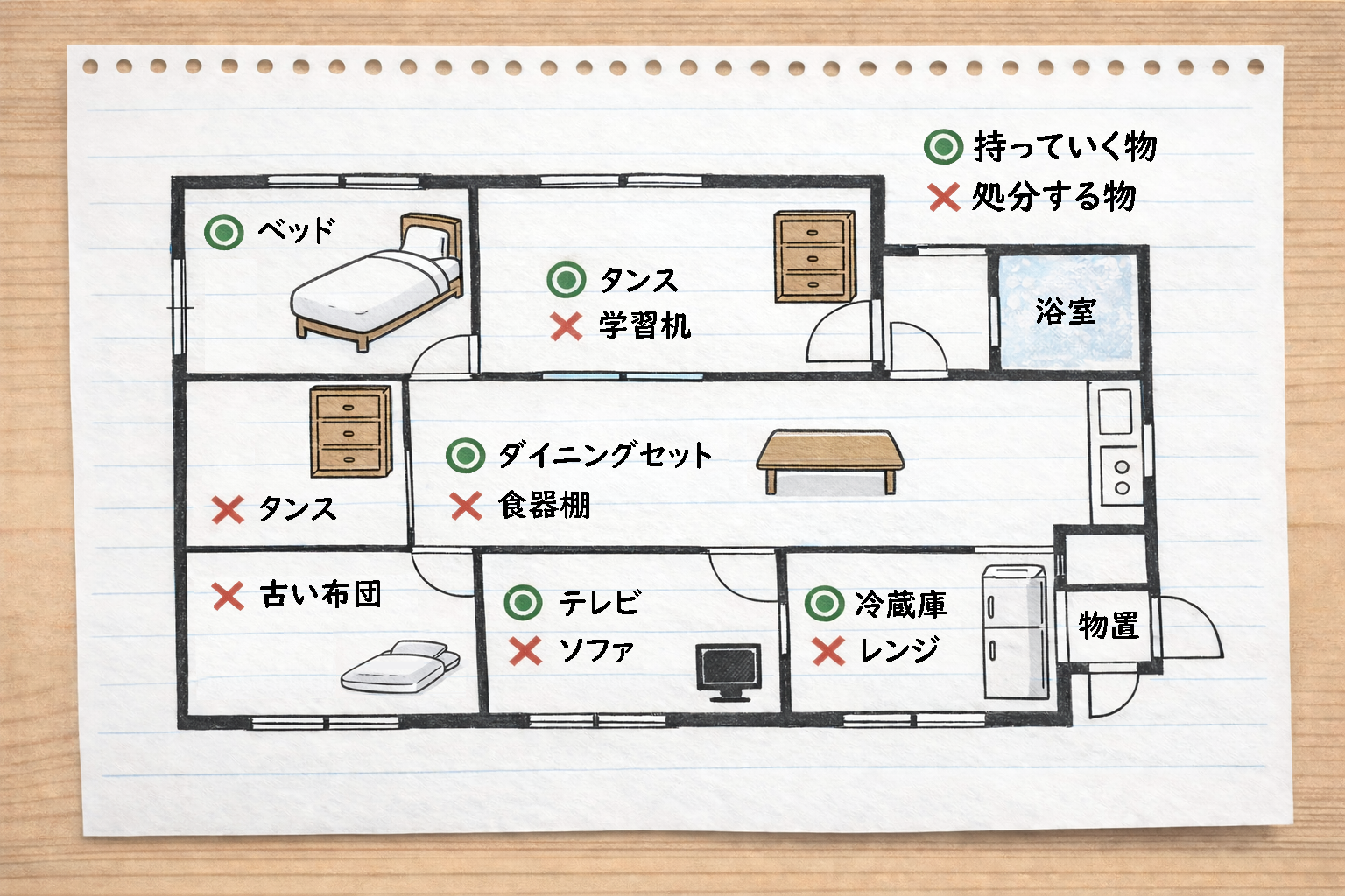 実家の片付けで持っていく物と処分する物を整理した見取り図のイメージ