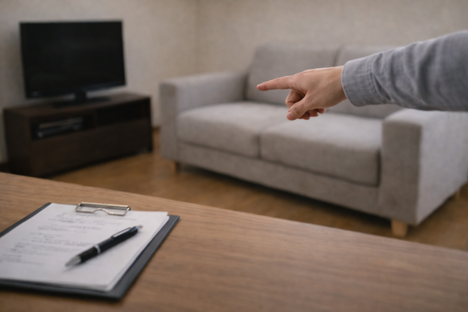 不用品回収の見積もり時に、テレビのある部屋でソファを指差して確認している様子