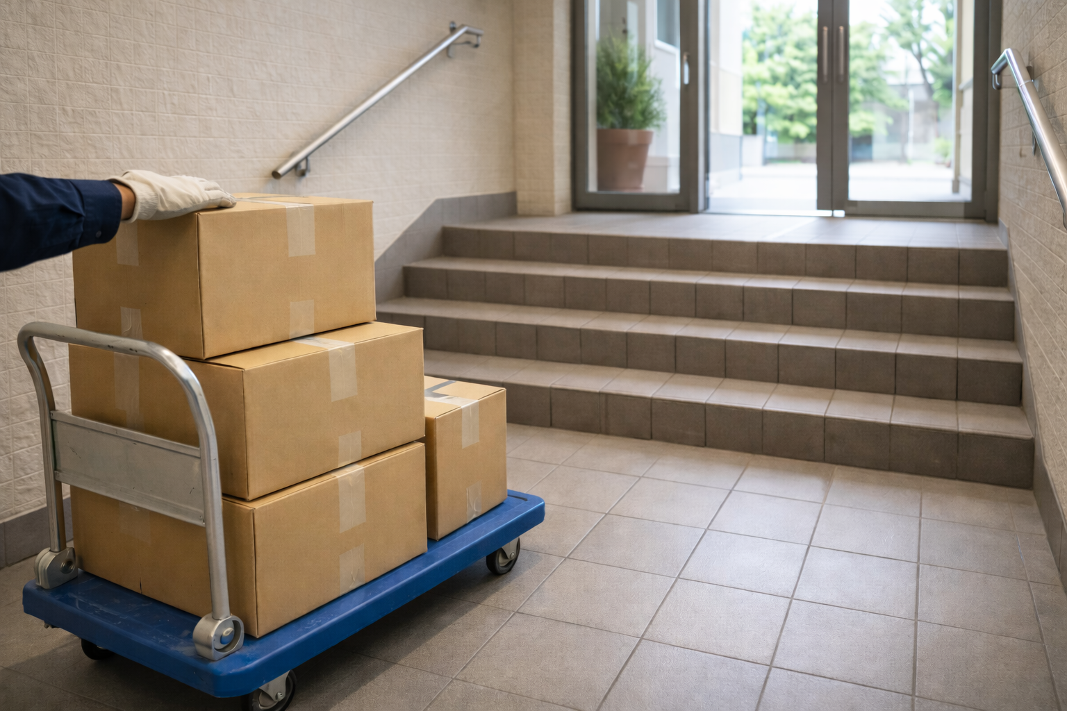 マンション1階エントランス前の階段で、台車が使えないため手作業で搬出している様子