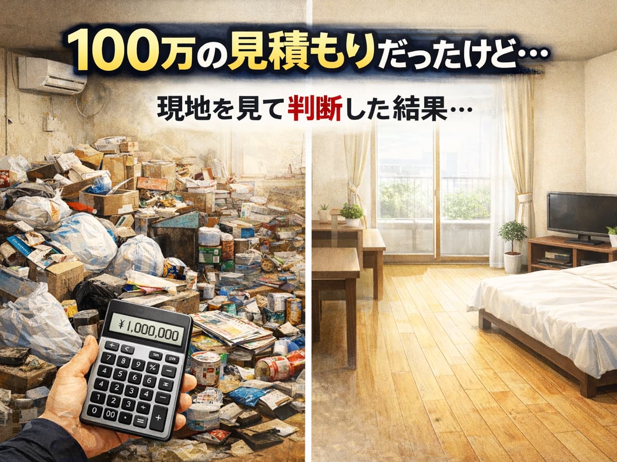 100万円の見積もりと伺っていた1Rのゴミ屋敷を、現地確認の結果18万円で対応した片付け事例のビフォーアフターイメージ