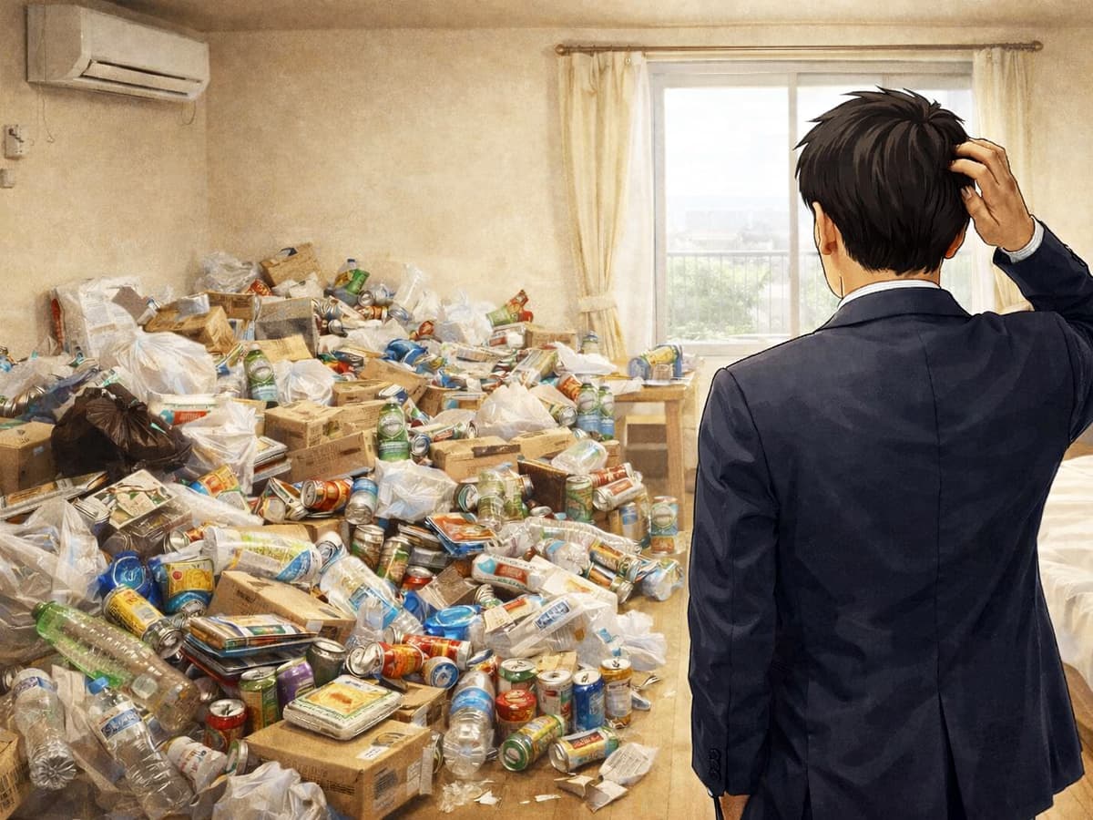 管理会社の担当者が、腰の高さほどゴミが溜まった1Kの部屋を確認している様子