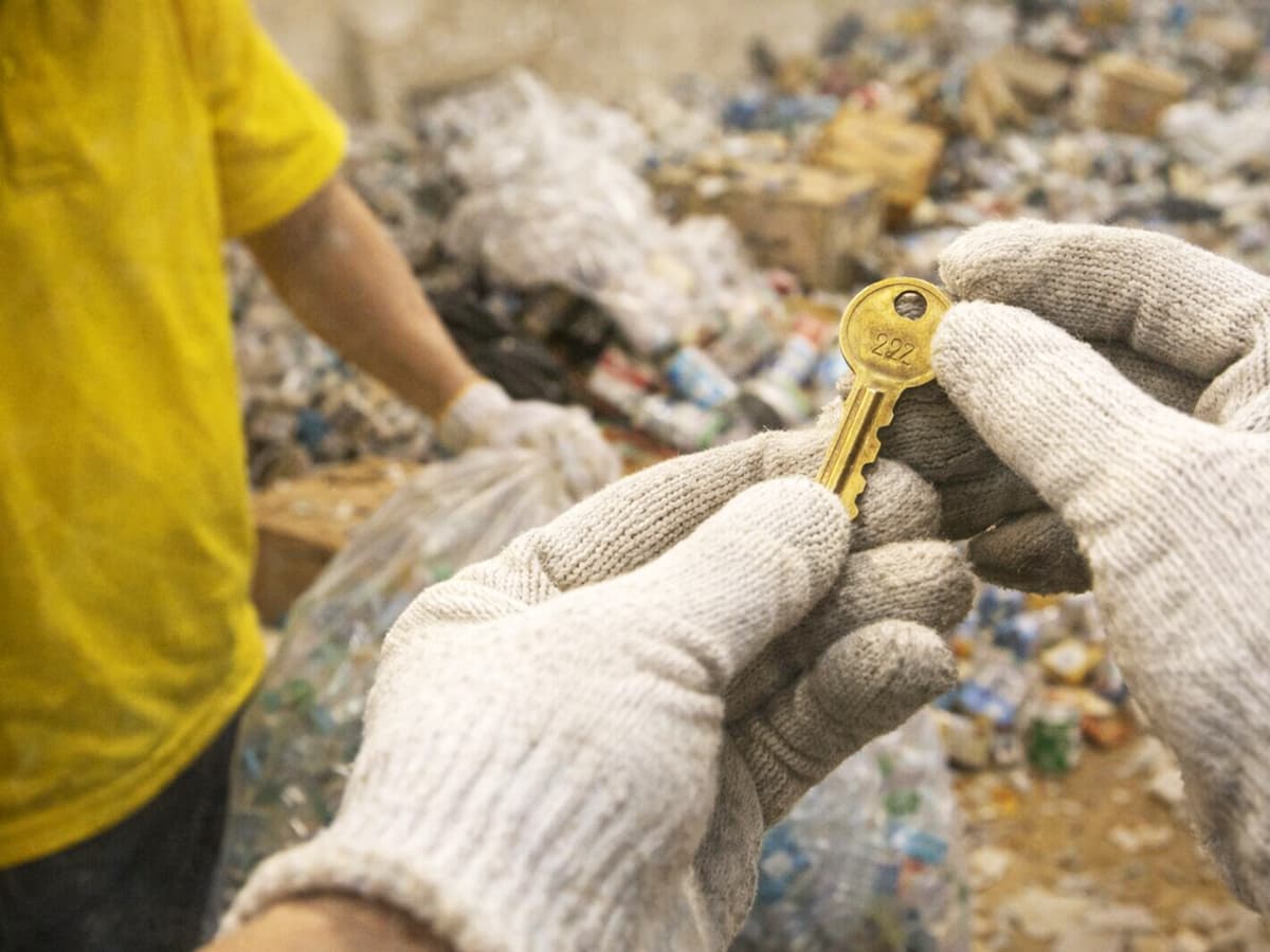 ゴミ屋敷片付けの作業中、仕分けを進める中で見つかった玄関の鍵を手に取って確認している様子のイメージ