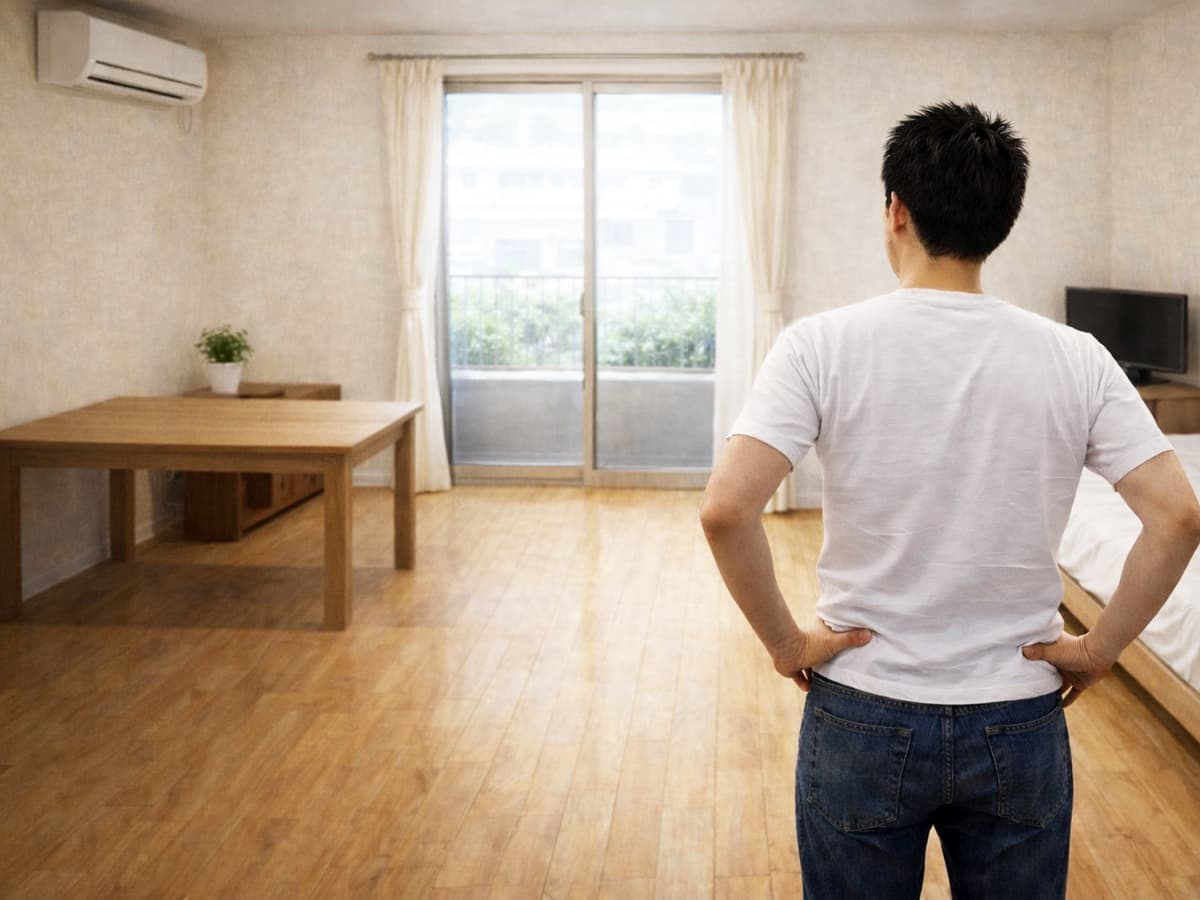 ゴミ屋敷片付け作業が完了し、きれいになった1Rの部屋を後ろ姿で見渡しているお客様の様子