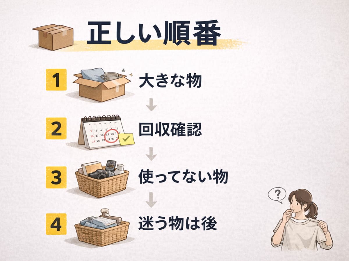 退去前の片付けを間に合わせるための正しい順番(大きな物→回収確認→使っていない物→迷う物は後)を示した図解