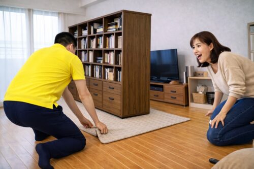 黄色のシャツを着たスタッフが棚を動かすのに布を引っ張っている。隣の女性が驚いた表情でその様子を見守っている