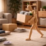 片付けが進み、一人で段ボールを運び出している人形