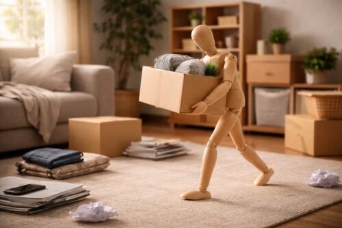 片付けが進み、一人で段ボールを運び出している人形