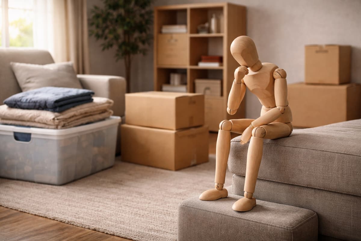 片付けが進まず止まっている部屋で、考え込む人形と未整理の荷物