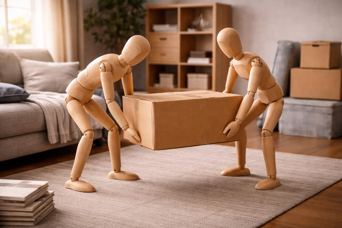 片付けが進み、荷物を運び出している様子の人形と整い始めた室内