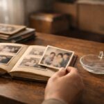 古いアルバムの写真を手に取る様子、遺品整理で思い出と向き合うイメージ