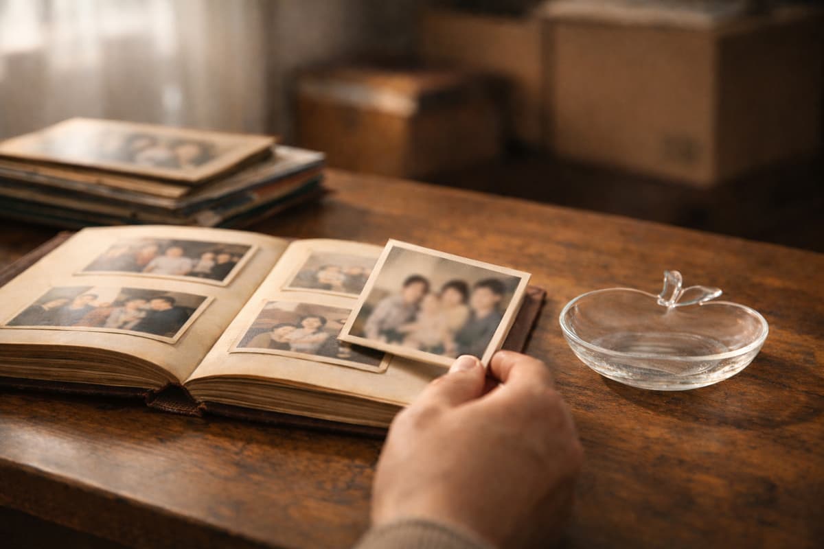 古いアルバムの写真を手に取る様子、遺品整理で思い出と向き合うイメージ
