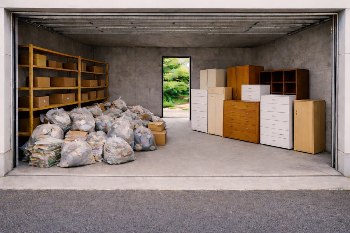 ガレージ内に仕分けされた不用品と収納家具、遺品整理や片付け作業のイメージ