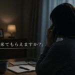 夜、自宅で電話をかける女性。遺品整理の急ぎ相談をイメージした写真