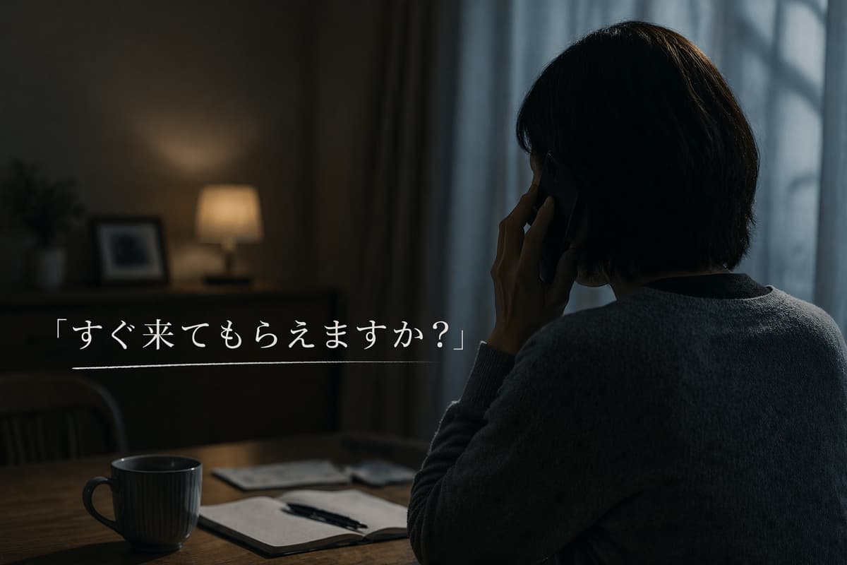 夜、自宅で電話をかける女性。遺品整理の急ぎ相談をイメージした写真