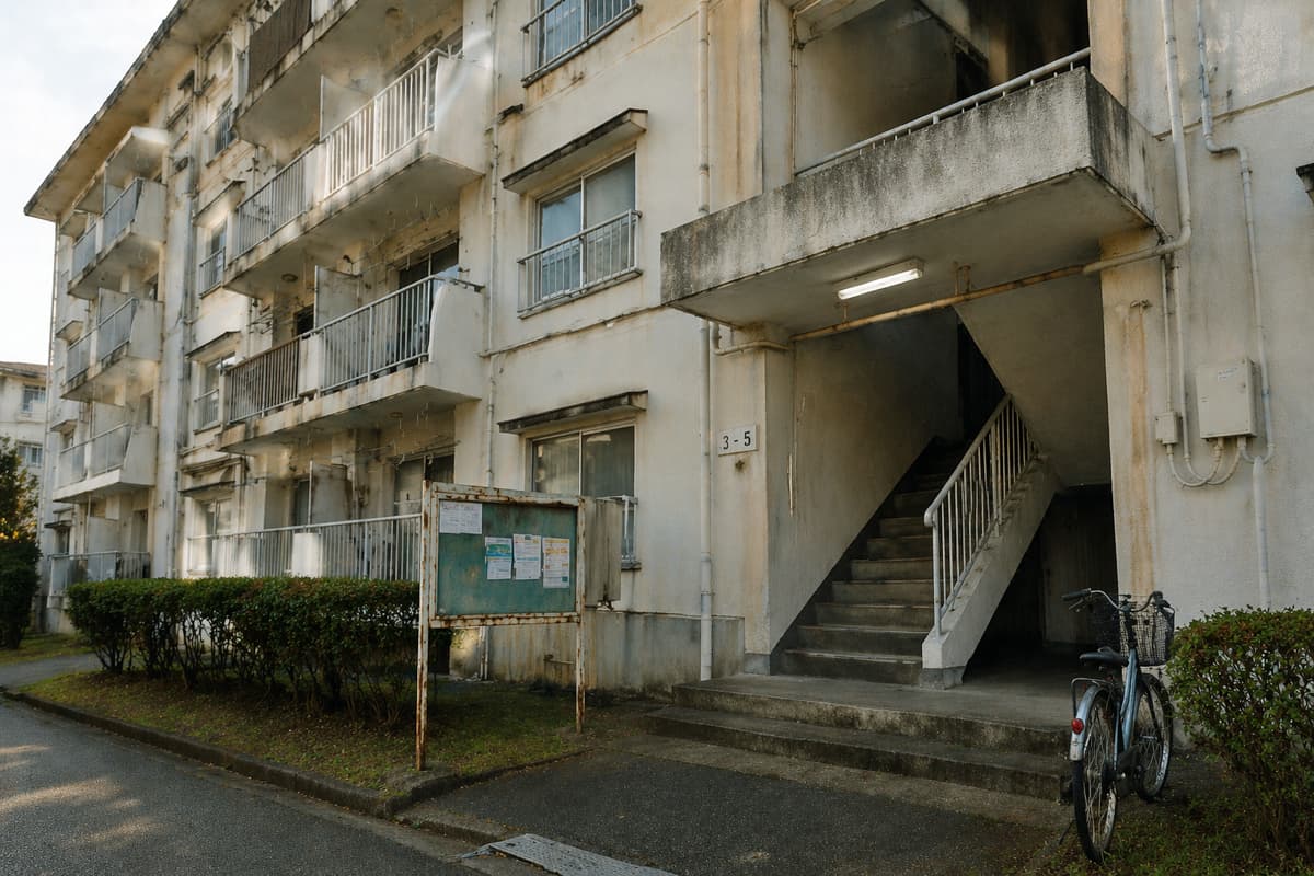 豊明市内の団地外観。エレベーターなしの階段式で、3階までの搬出作業となった現場のイメージ写真