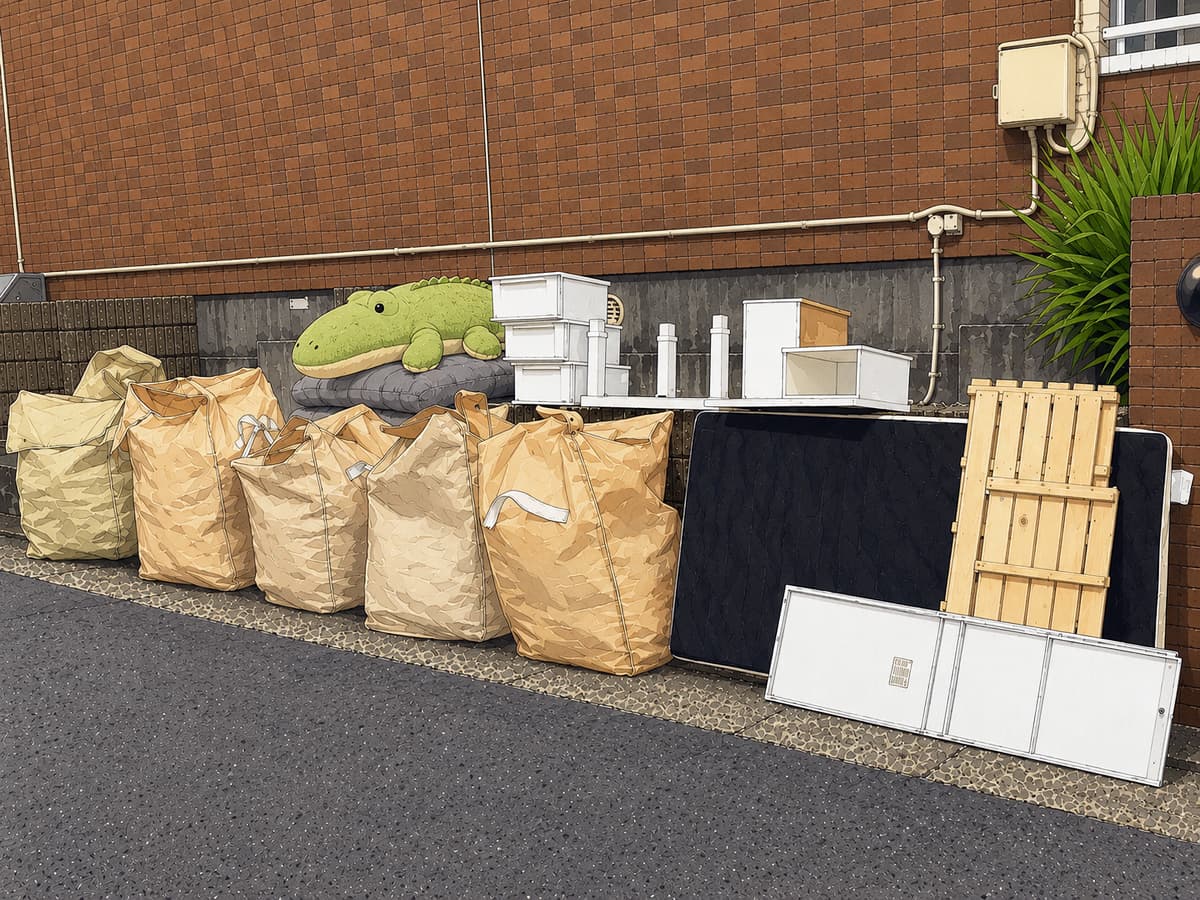 住宅脇の道路沿いに、回収用の袋や家具、布団、収納ケースなどを並べた片付け作業後の様子