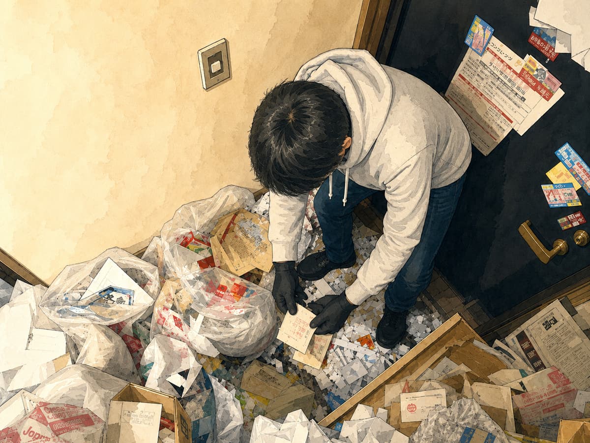 玄関に散乱した紙類や袋の中から、作業スタッフが必要なものを確認しながら片付けている様子