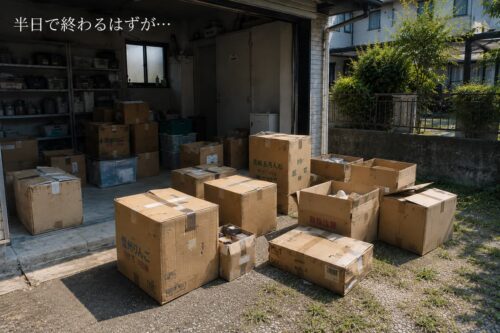 ガレージと庭先に不用品の入ったダンボールが並び、想定以上の片付け作業になった様子