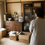 遺品整理で残された家具やダンボールを見つめる女性の後ろ姿
